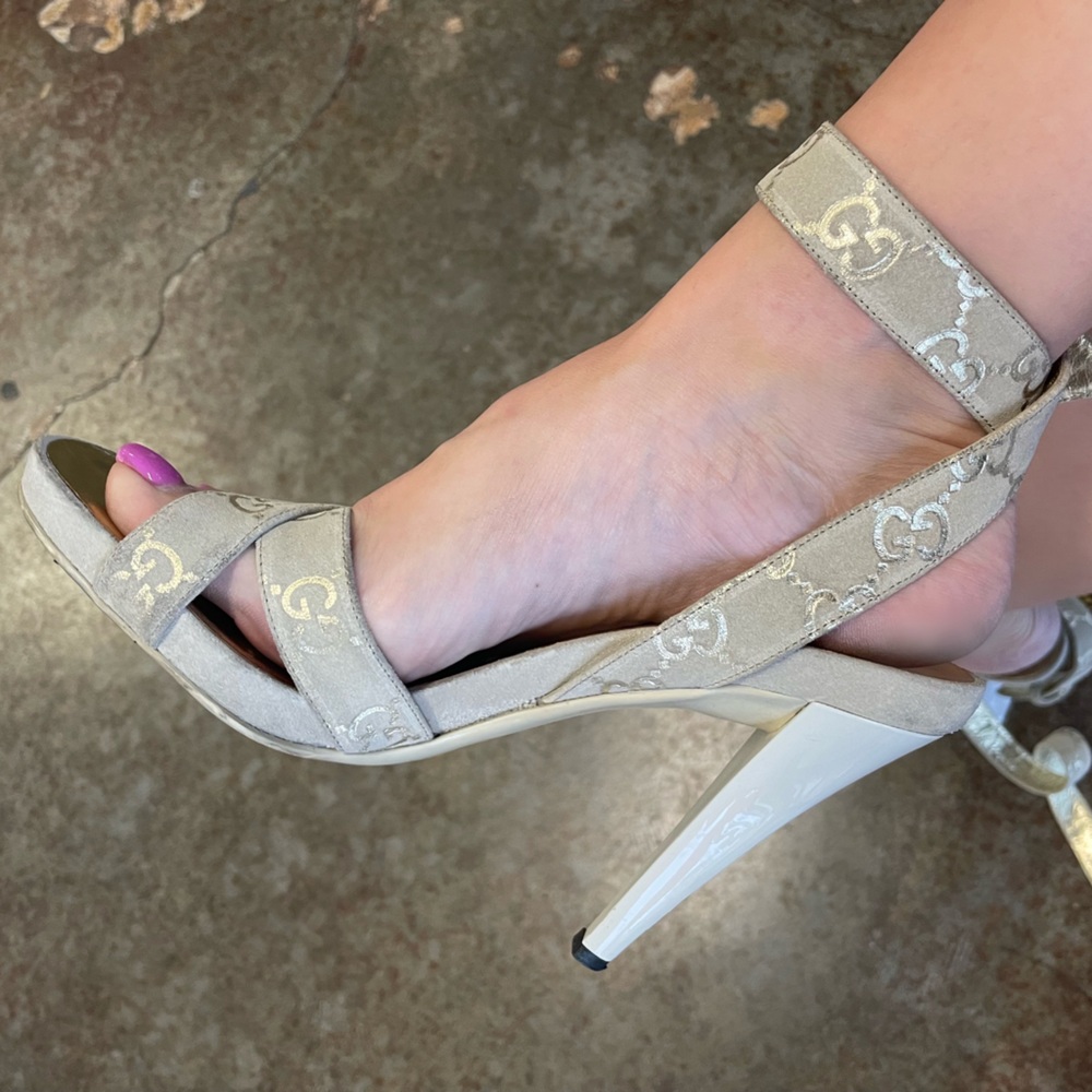 Gucci Gold Monogram Suede Ankle Strap Heels - Picture 11 of 11